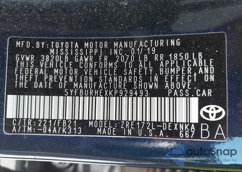 2019 Toyota Corolla Le из США, поврежденный, VIN 5YFBURHEXKP929493